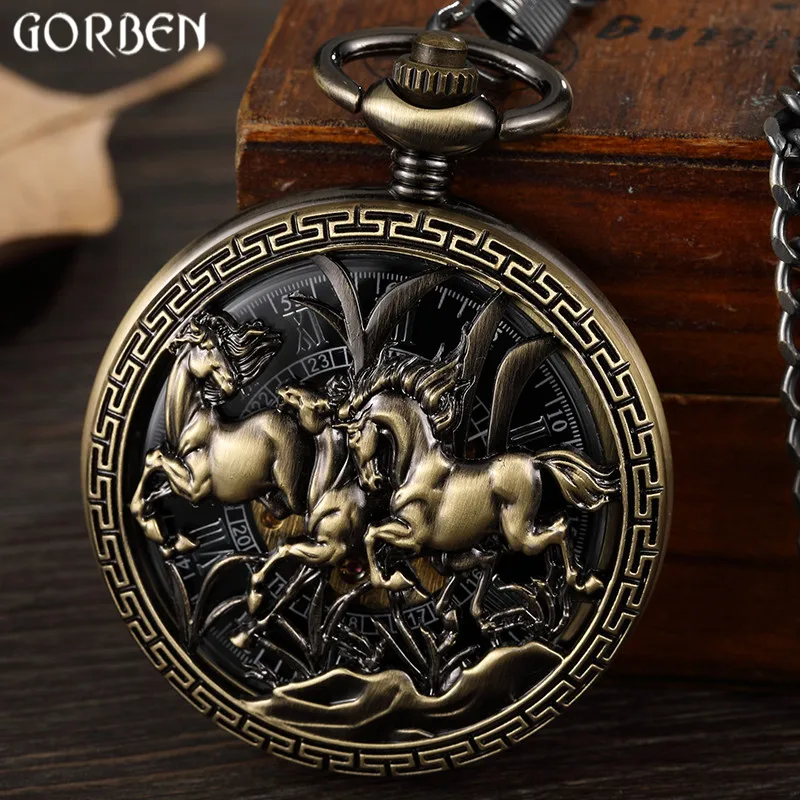 Koop Retro Holle Paard Ontwerp Zakhorloge Mens Unieke FOB Ketting Romeinse Wijzerplaat Steampunk Brons Skeleton Mechanische Hand Wind Mannen Horloge