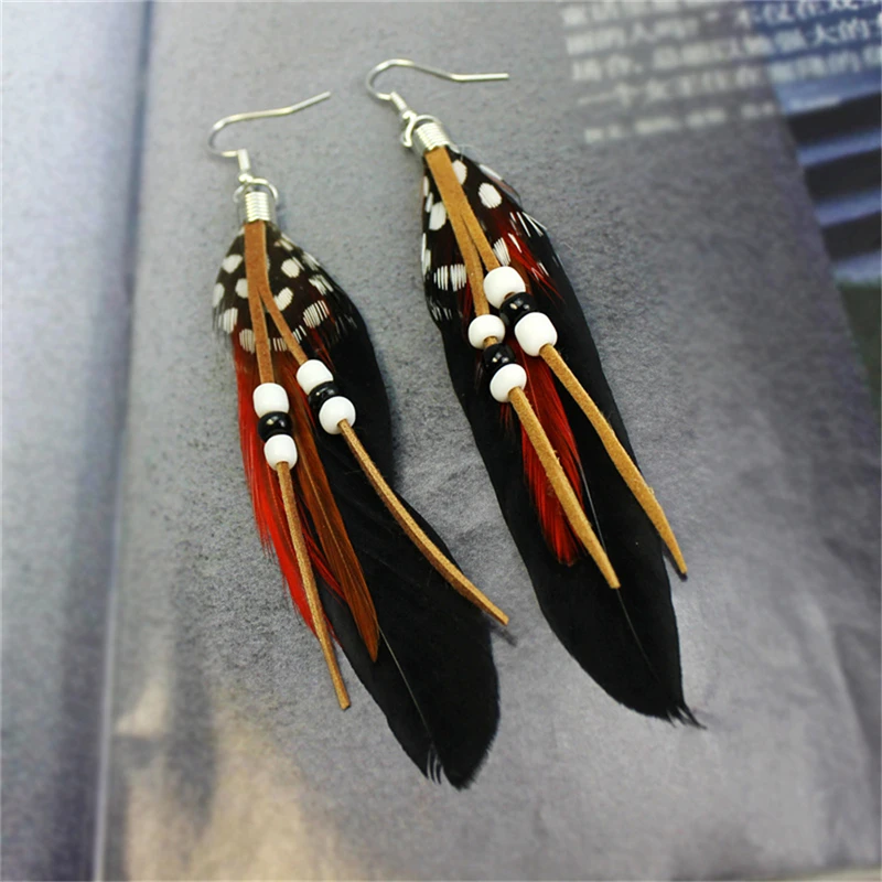 Vintage Bohemian Feather Earrings Ethnic Pink White Natural Pearls Drop Earrings for Women Girls Jewelry Earrings
