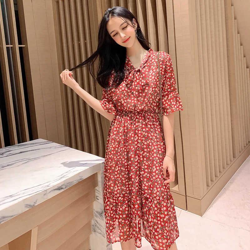 

2019 New Women Chiffon Dresses Summer Short Sleeve Dress With Lining Office Lady Hight Waist Flare Sleeve Bow Cherry Dot Dress