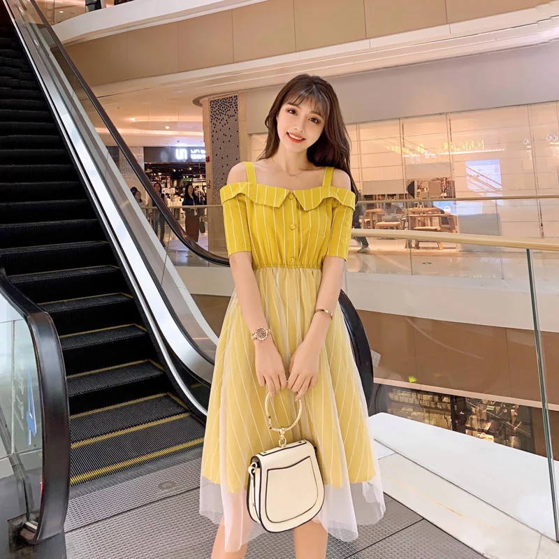 Women's Clothing Dresses summer style fashion brand spaghetti strap
slash neck High waist off shoulder mesh yellow party dress