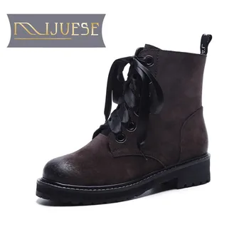 

MLJUESE 2019 women ankle boots cow suede winter warm fur cross-tied square heel women motorcycle boots women boots