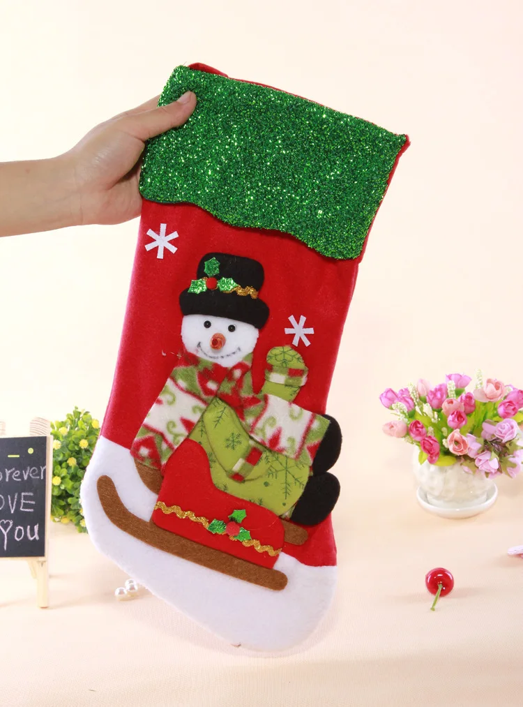 Рождественские товары, рождественские носки с героями мультфильмов, зелёный край, Чулки с рисунками Санта-Клауса, оленя, снеговика, рождественские чулки, креативные