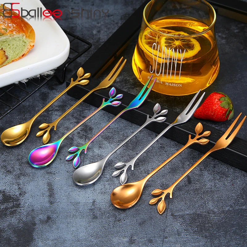

BalleenShiny Colorful Branch Mini Spoon Fork Fruit Fork Coffee Stir Cake Milk Scoop Exquisite Teaspoon Kitchen Tableware Decor