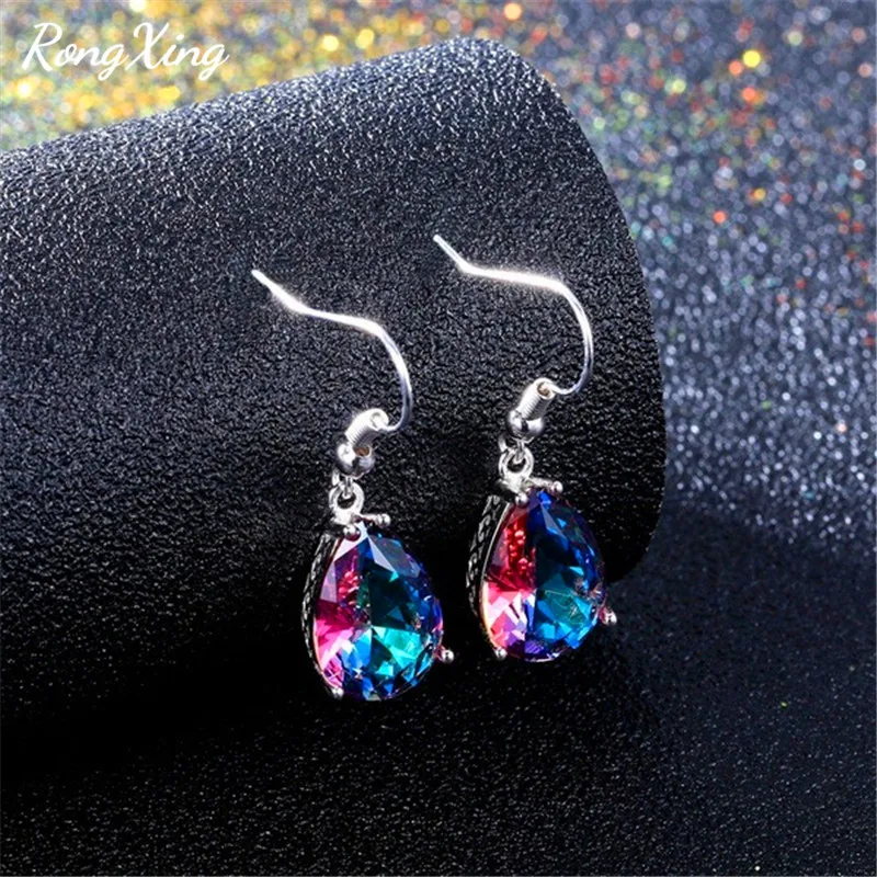 RongXing 925 Silver Filled Multicolor Zircon Engagement Earrings for Women Mystic Rainbow Stone Water Drop Earring Wedding Gifts