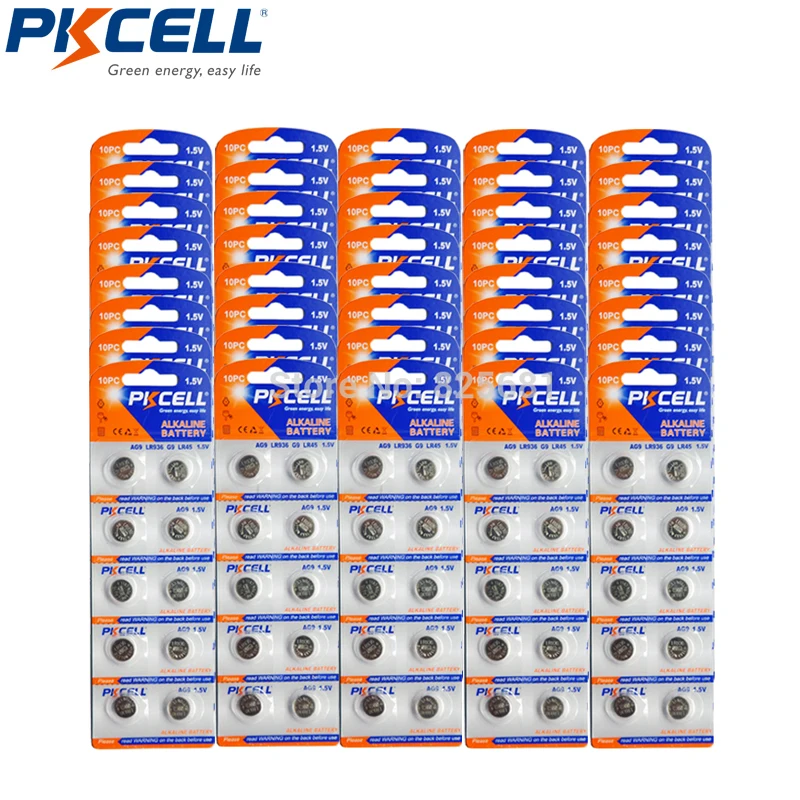 PKCELL 1000 шт. 100 карты AG9 кнопочная ячейка Батарея LR45 LR194 LR936A 1,5 V 45 mAh щелочные батареи для часы игрушки