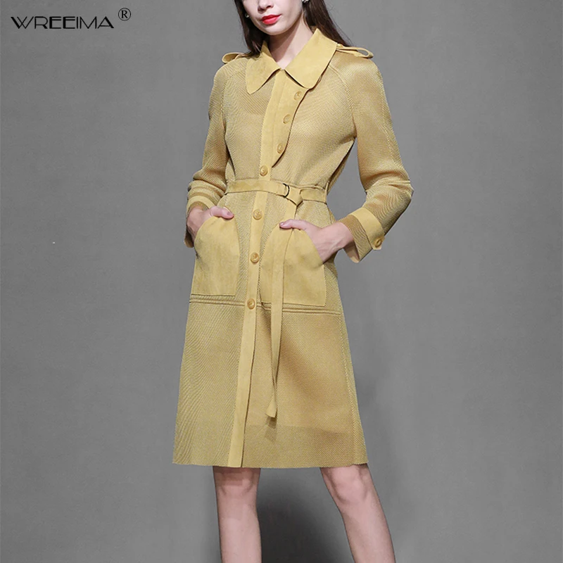 Manches Avec coat D'extérieur Vêtements Baissez Supérieure Longue Jaune Manteau 2019 Maille Trench Élégant Décontractés De Mode Complet Poches Collier Ceinture Qualité WxqBvXx