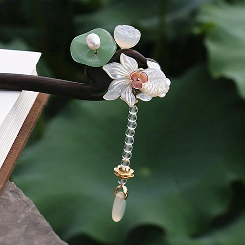 

Carved Shell Fish Ebony Hair Stick Natural Stone Lotus Leaf Hair Pin Vintage Chinese Hair Fork Handmade Women Jewelry WIGO1189