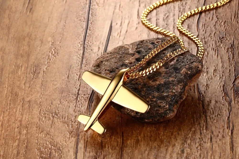 Mens Necklaces Pendants Stainless Steel Gold Tone Airplane Pendant Necklace for Men Boys Choker Jewelry 14