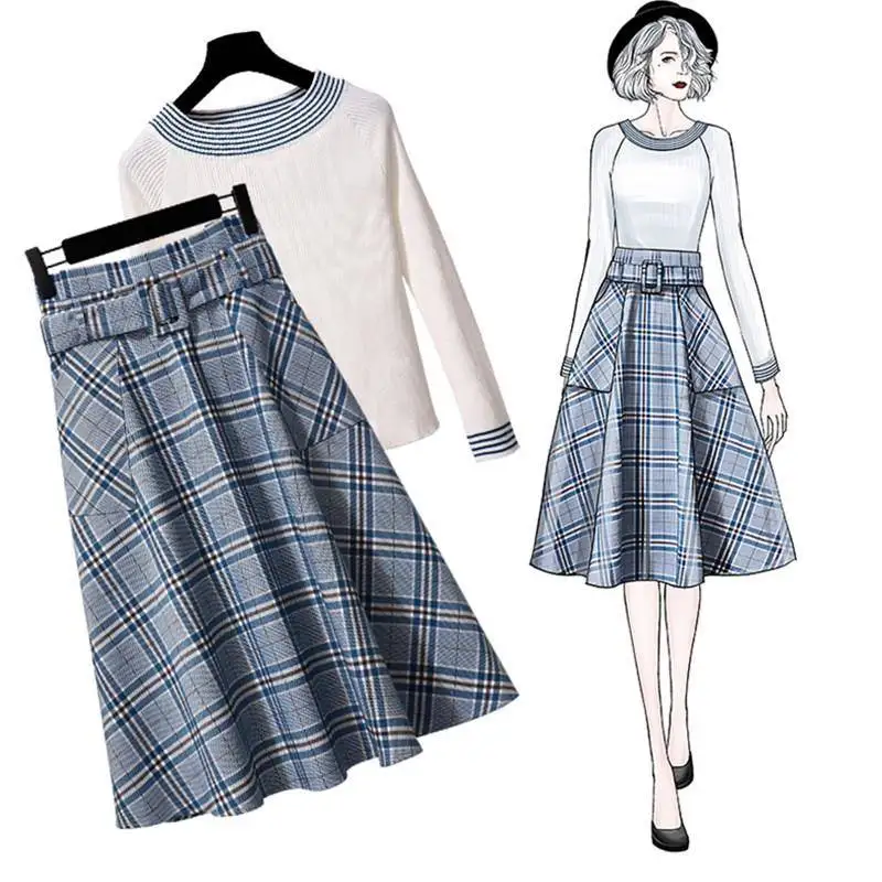 

ICHOIX women 2 piece set knitted sweater winter clothes plaid 2 piece skirt set long sleeve tops and skirt 2 pcs Korean style