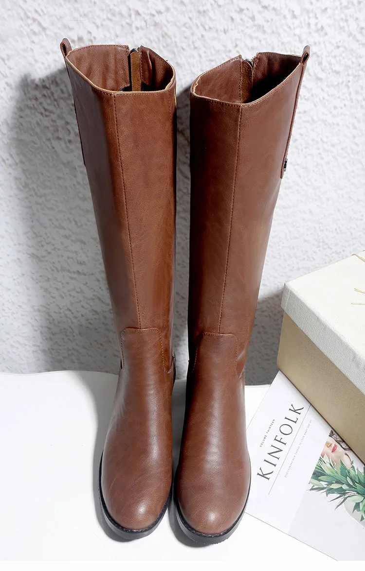 Phoentin/коричневые женские сапоги в жокейском стиле; коллекция года; ботинки до середины икры с молнией сзади; женская обувь с круглым носком на Плоском Каблуке; Цвет Черный; FT564