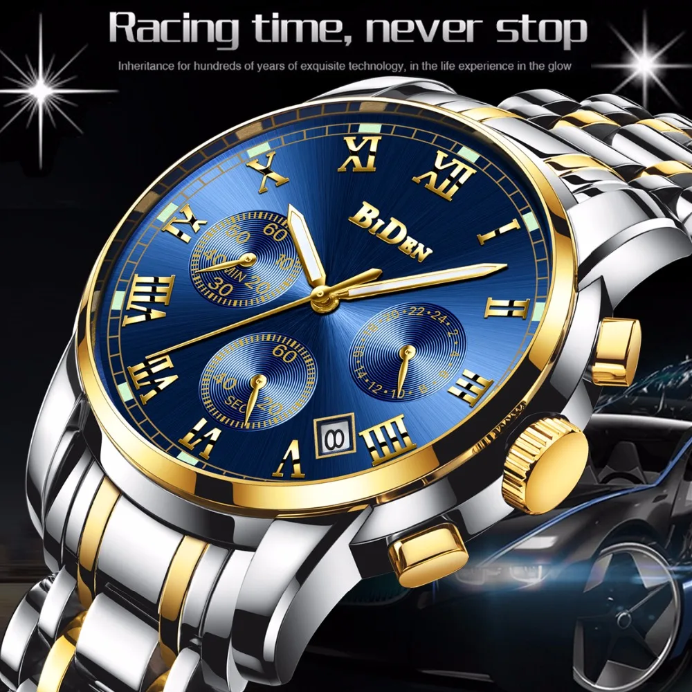 

Top Brand Watch Men Fashion Sports Quartz Clock Mens Watches BIDEN Luxury Full Steel Business Waterproof Watch Relogio Masculino