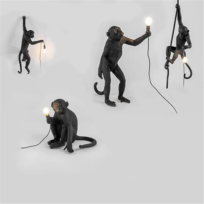 

Modern Black Monkey Hemp Rope Pendant Light Fashion Simple Art Nordic Resin Sitting Standing Climbing Hanging Monkey Lamp