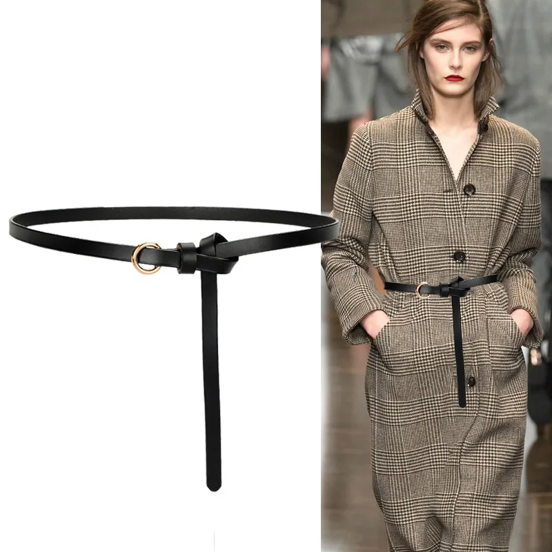 

Fashion Luxury Genuine Leather Belt for Women HOT Bow Thin Cowhide Leather Jeans Girdles knotted Belts female gold buckle circle