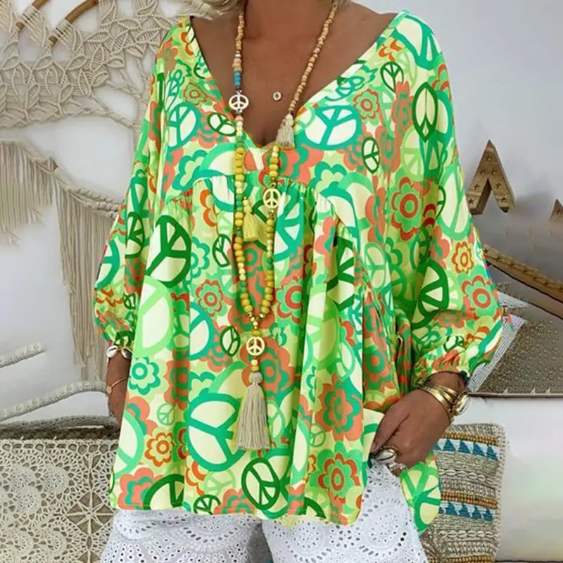 Plus Size 5XL Peace Mark Floral Patchwork Women Tunic 2019 Summer V Neck Ruffles Print Beach Holiday Female Blouses Lady Shirt