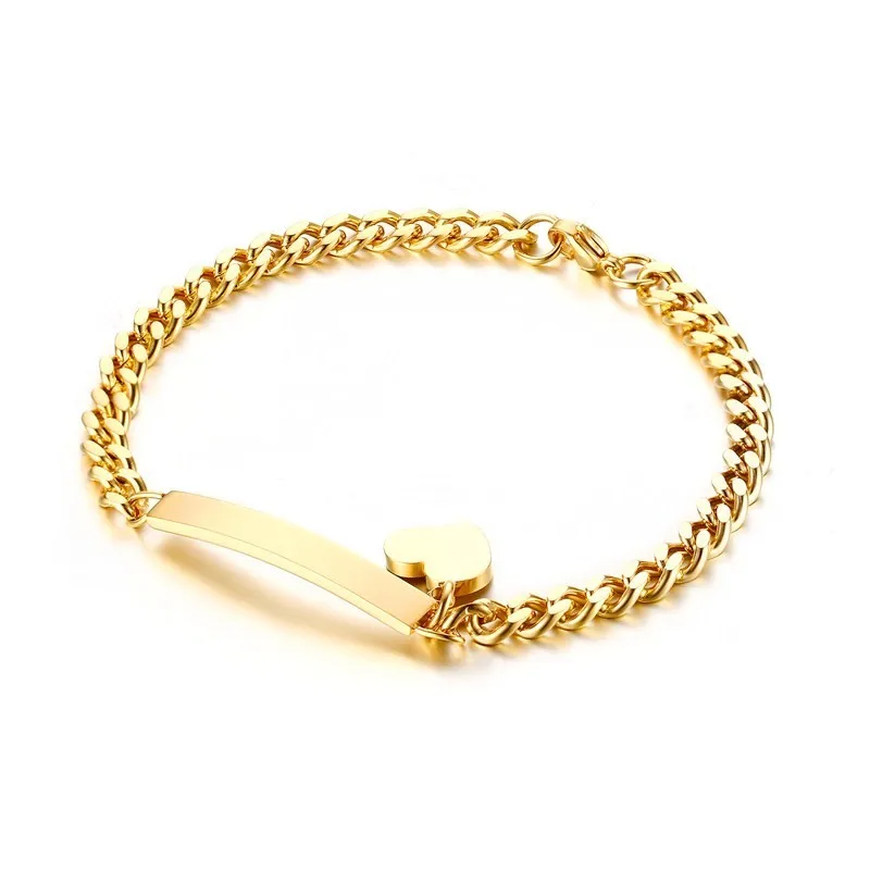 Гравировка нержавеющая сталь тонкий ID тег цепи браслеты с маленьким сердцем Шарм для женщин леди женские ювелирные изделия 7,87" - Окраска металла: Gold