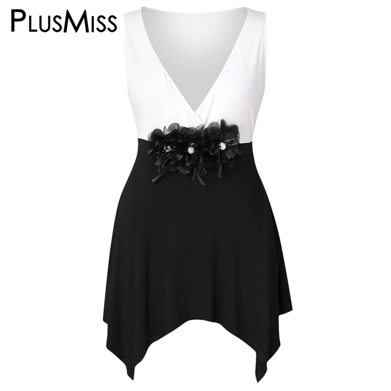 Белый PlusMiss плюс Размеры XXXXXL украшение в виде цветка из Ткани в стиле петчворк; Соблазнительные v-образным вырезом Топы, большой размер Женская одежда XXXXL XXXL XXL детское летнее платье без рукавов Жилеты - Цвет: Белый