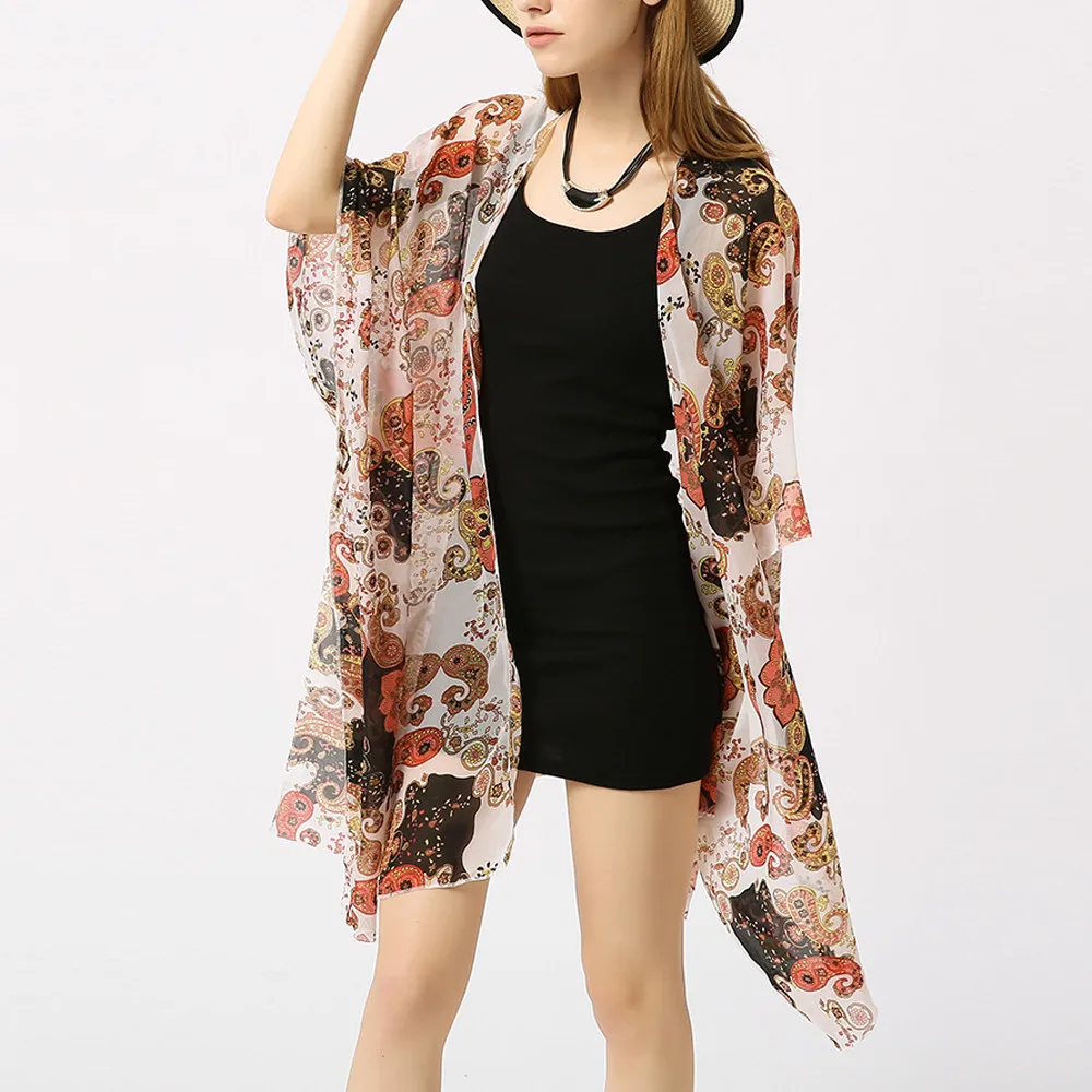 

2019 Women Cardigan Chiffon Printed Beach Dress Sunscreen Shawl Bikini Cover Up Summer Kaftan Beach Pareos De Playa Mujer Capes