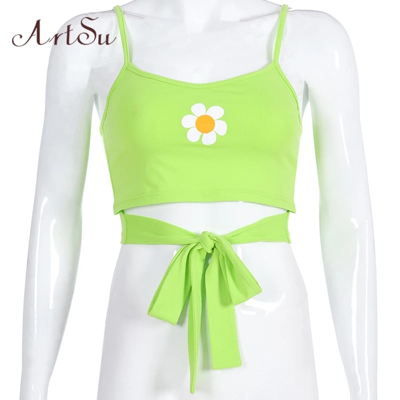 ArtSu/укороченный топ с рисунком в стиле Харадзюку с открытой спиной, без рукавов, на тонких бретелях, женские милые топы, жилет, летняя уличная одежда ASVE20673 - Цвет: Green