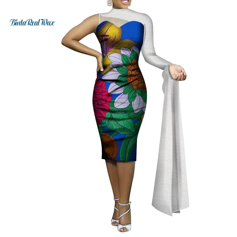 Африканская печать платья для женщин Базен Riche Vestidos одно длинное платье с кружевными рукавами плюс размер африканский дизайн одежда WY353