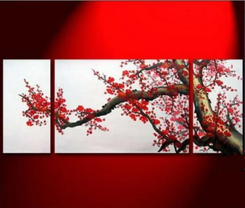 

Hand Painted Abstract Chinese Red Flower Oil Paintings on Canvas 3 Panel Wall Floral Painting Home Decor Large Flowers Pictures