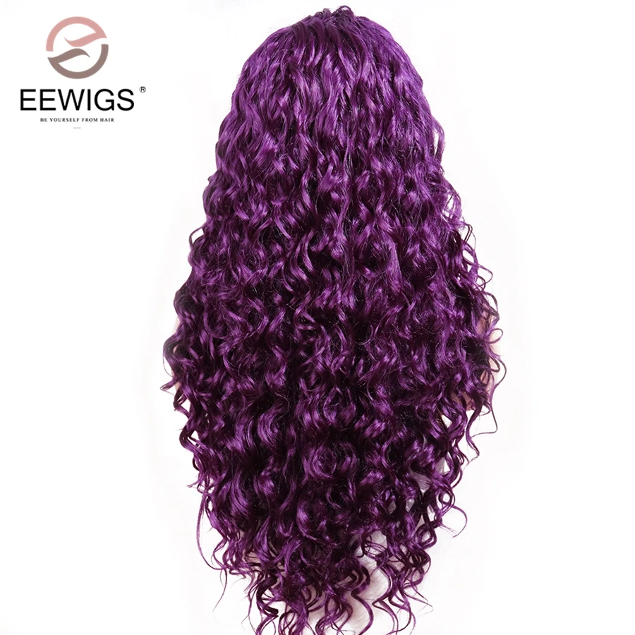 EEWIGS длинный кудрявый парик коричневый синтетический парик фронта шнурка с натуральной линией волос термостойкой, без клея фиолетовый парики для женщин