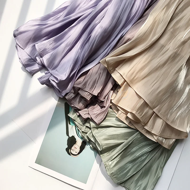 Супермодные летние шелковые юбки до середины икры с металлическим рисунком, мягкие плиссированные длинные юбки трапециевидной формы с эластичной резинкой на талии, цвета: розовый, мятный, зеленый