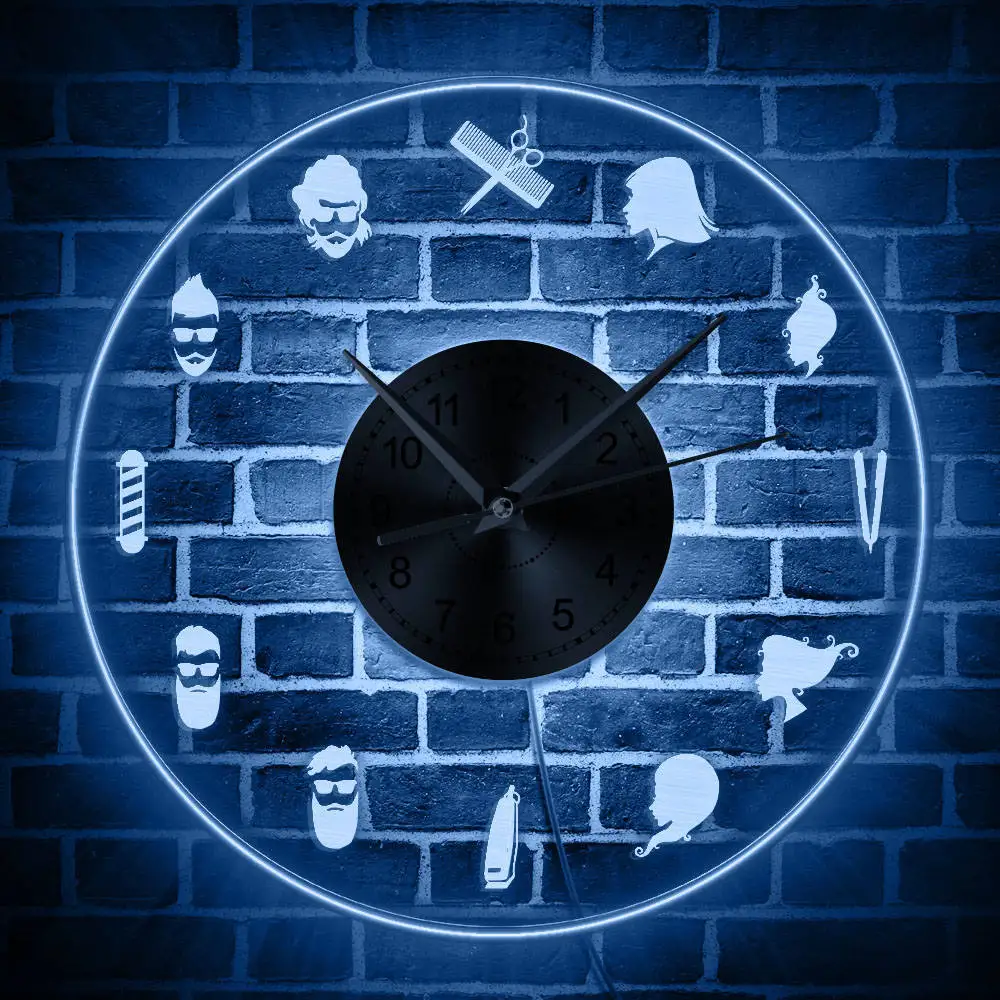 

Barber Shop Acrylic LED Wall Clock Beauty Salon Wall Art Decor Illuminated Wall Clock Hairdresser Color Changing Wall Light