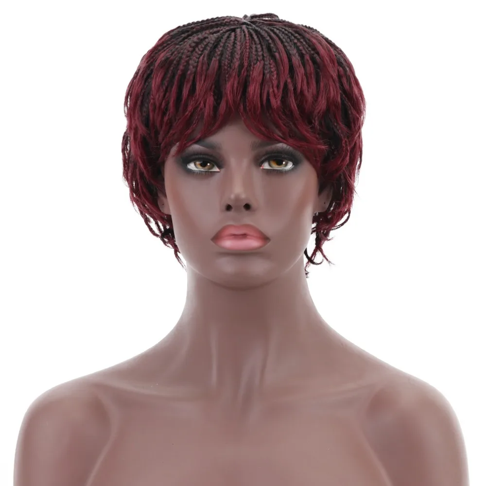 Pelucas trenzadas cortas de 12 pulgadas para mujeres negras de pelo sintético Cosplay Peluca de mujer africana americana con flequillo resistente al calor Pelucas trenzadas cortas de 12 pulgadas para mujeres negras de pelo sintético Cosplay Peluca de mujer africana americana con flequillo resistente al calor