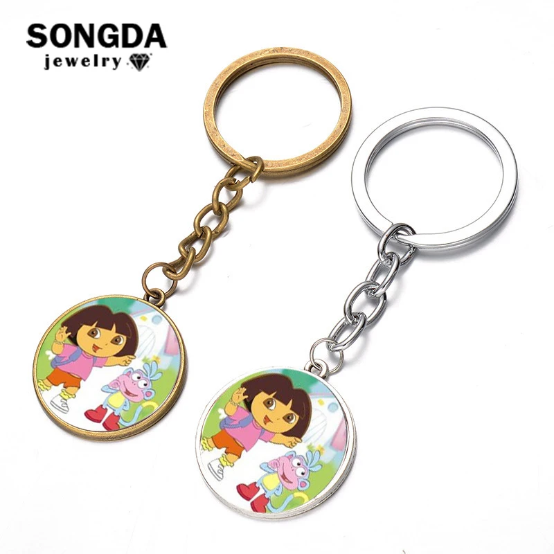 

SONGDA Cute Clever Dora and Monkey Boots Cartoon Keychain Handmade Glass Time Gem Key Ring Dora the Explorer Series Kids Jewelry