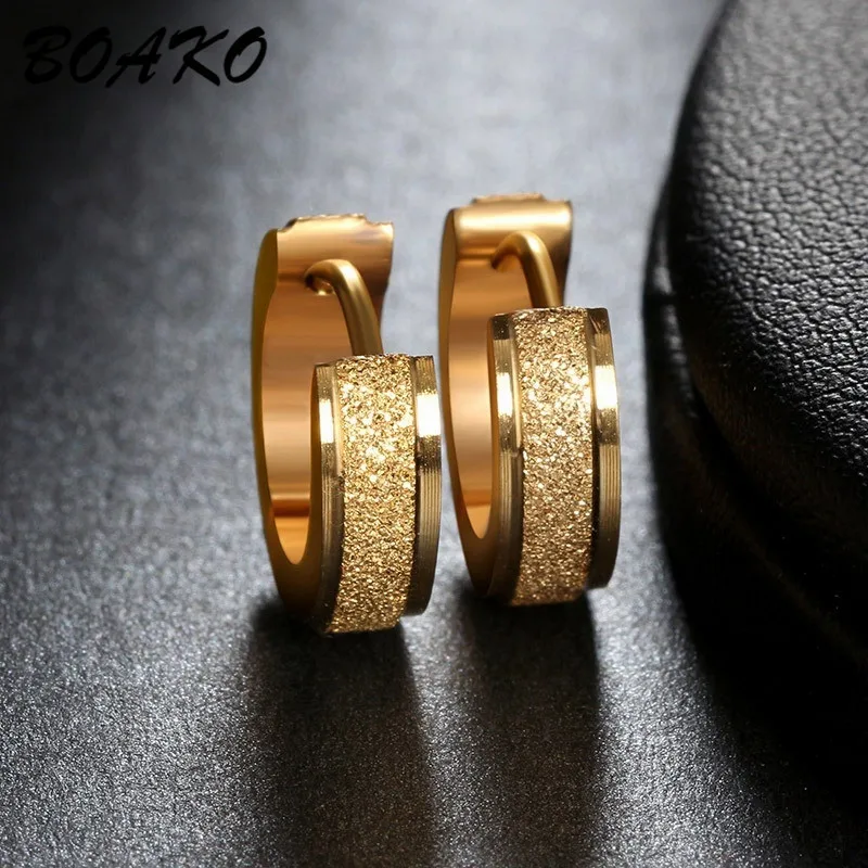 

BOAKO Gold Hoop Earrings For Women Men Frosted Stainless Steel Piercing Round Huggies Earring Simple Punk Jewelry Circle Earring