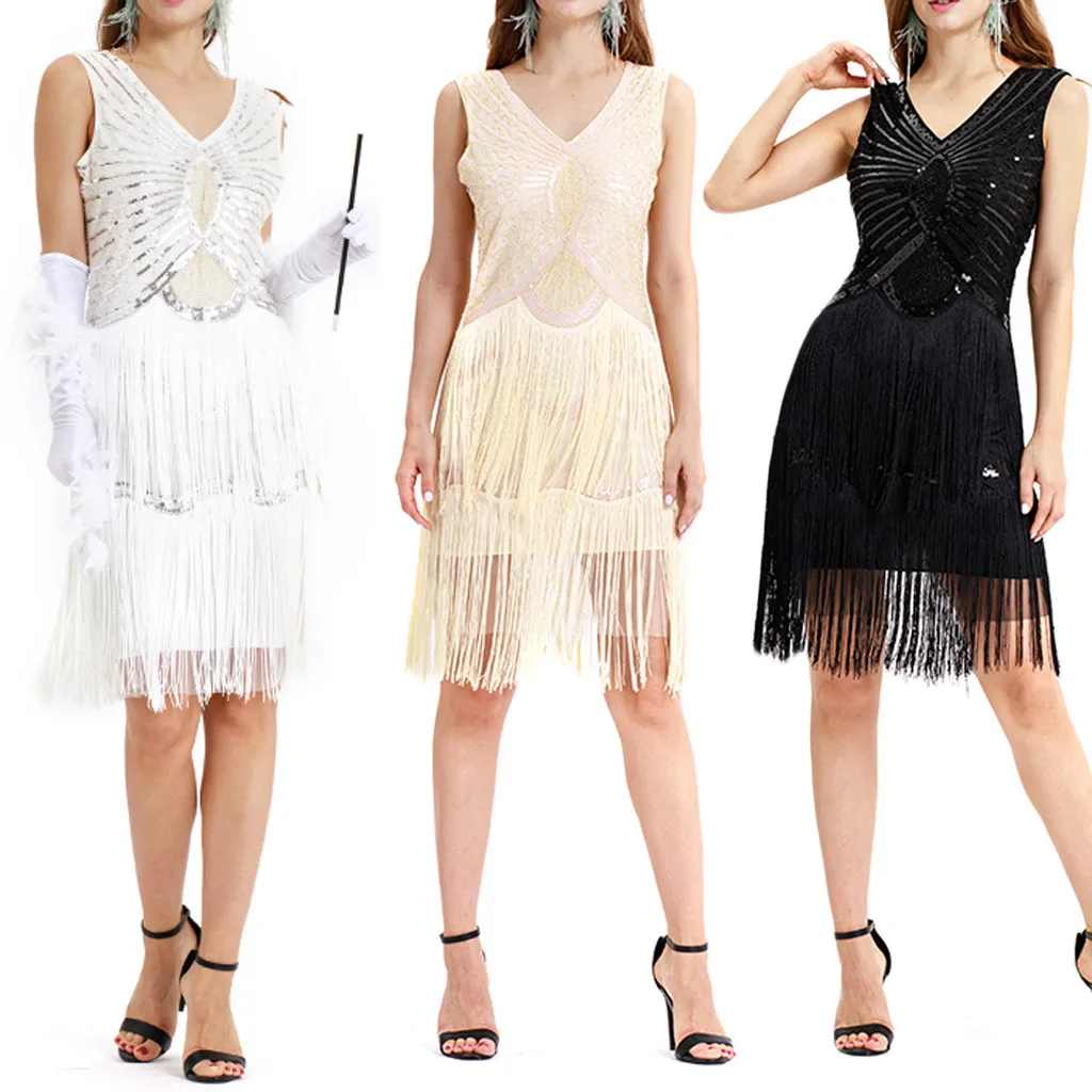 Ladies sequined fringed dress dress retro banquet dress fashion new beautiful slim dress Vestito da festa femminile*20
