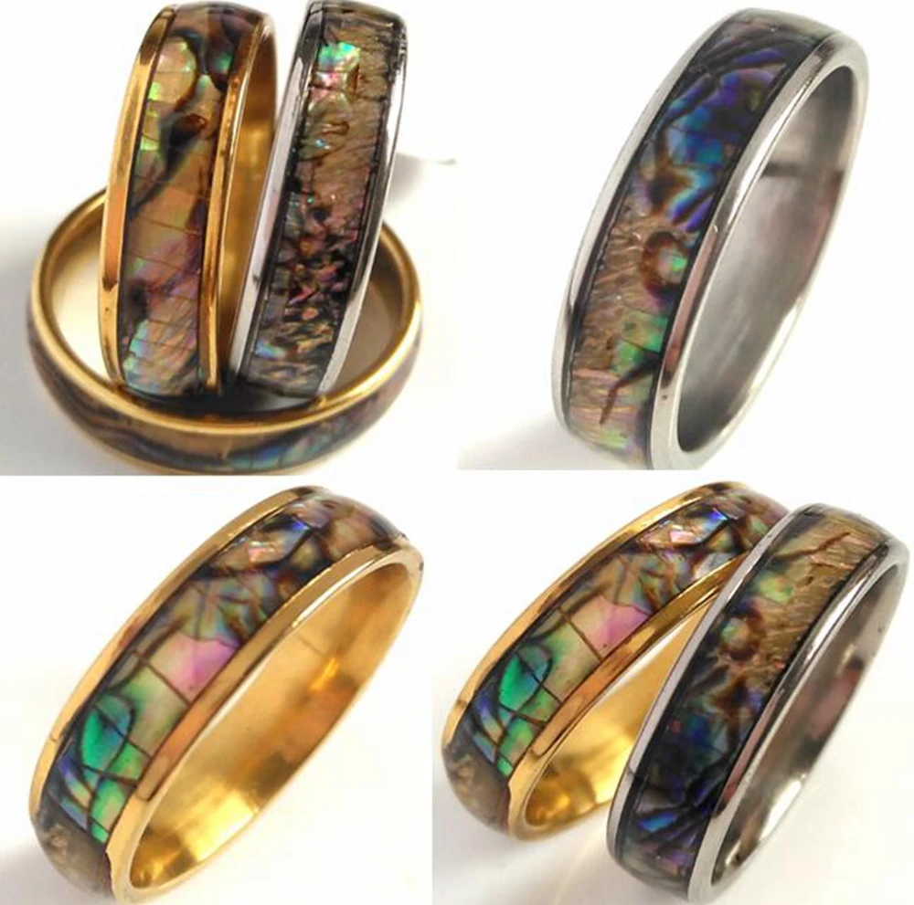 

20pcs Mix of Gold & Silver Width 6mm Men's Women's Abalone Shell 316L Stainless steel Ring Vintage Jewelry