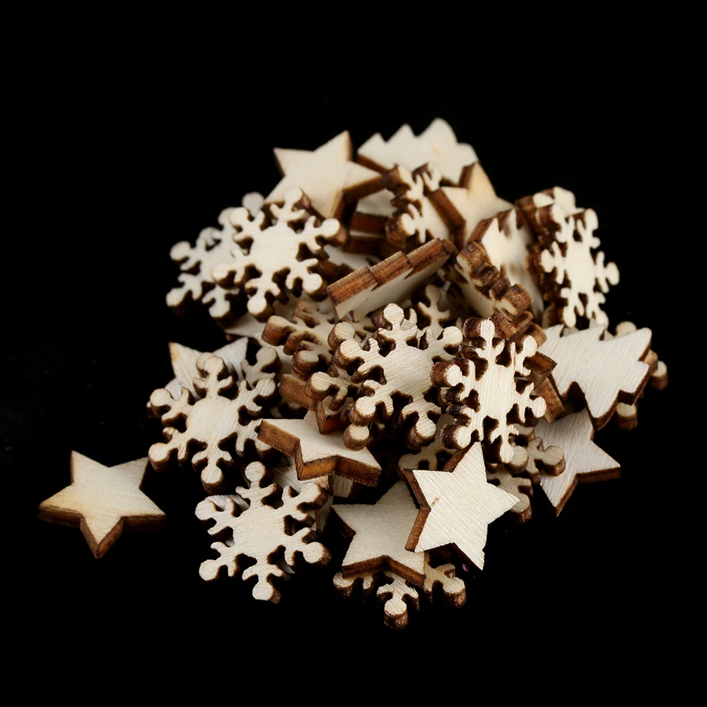 

Hot 1Set(50Pcs) DIY Crafts Christmas Pendant Carved Natural Wood Chip Ornaments Scrapbooking Embellishments Home Decor