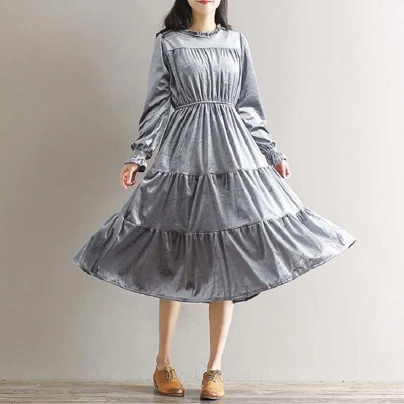 2018 Демисезонный Мори Девушка плиссированные платье Стенд воротник Высокая Талия