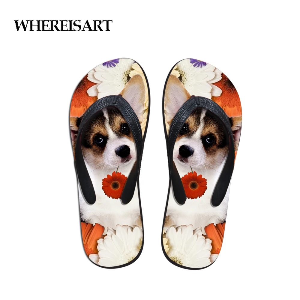 

WHEREISART Custom Summer Flip Flops Kawaii Floral Dog Ladies Fit Flops Daily Wear Women House Shoes Animals Sandals Shoes Girls