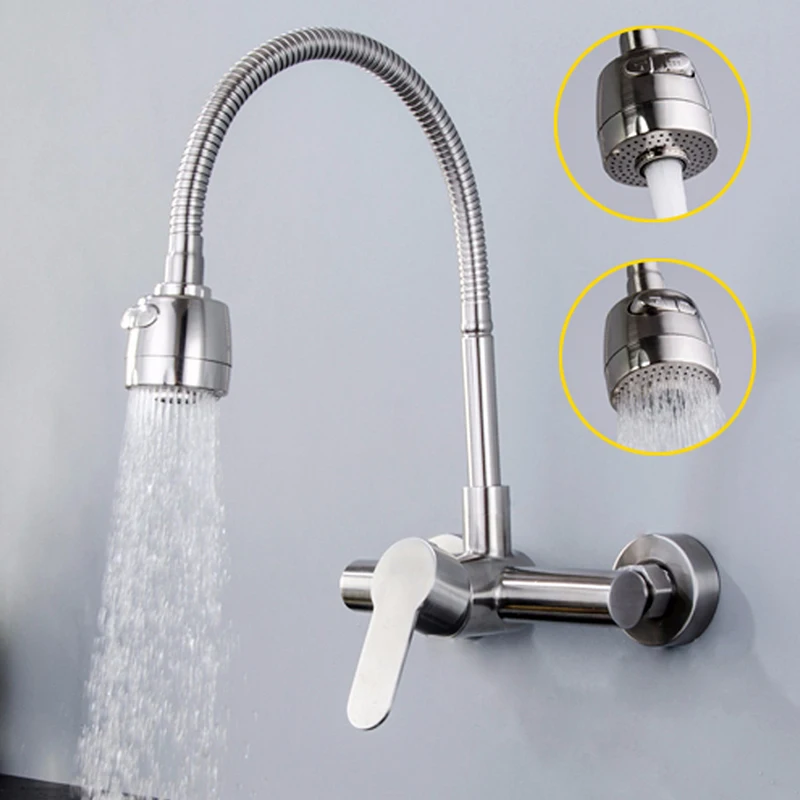 304 SUS Kitchen Faucets Brushed Wall Mounted Water Tap Mixer Hot Cold