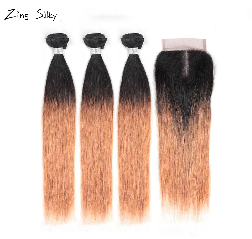 Brazilian Ombre Bundles With Closure Remy Human Hair Straight Extensions Hair Weave Vendors 10 To 26 inches Bundles With Closure