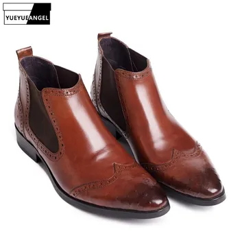 

Italian Brand Men Boots Retro Brogue Shoes Winter Genuine Leather Business Wedding Chelsea Boots Slip On Party Prom Man Footwear