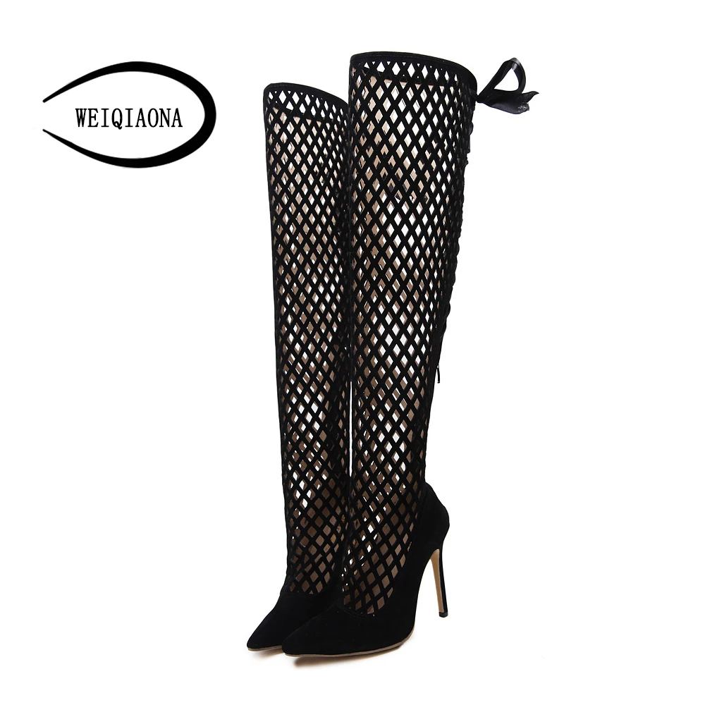 

WEIQIAONA 2018 New Women's shoes Sexy Fishnet Style Pointed toe Over-the-Knee boots ladies High Heel Sandals boots Nightclub