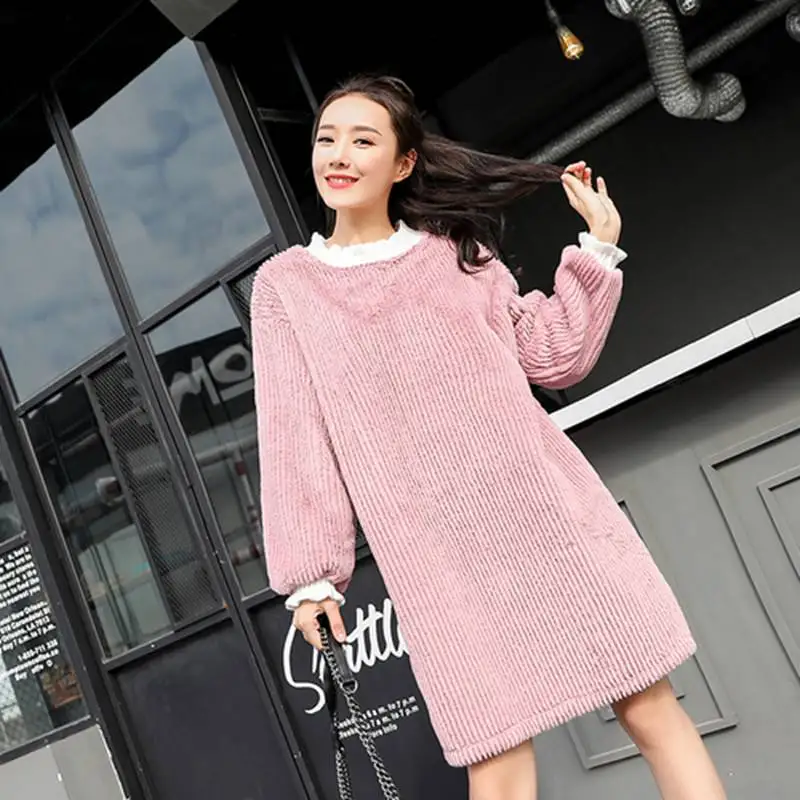 

Maternity wear autumn and winter new vertical strips plush stitching wool stand collar thickening loose maternity dress