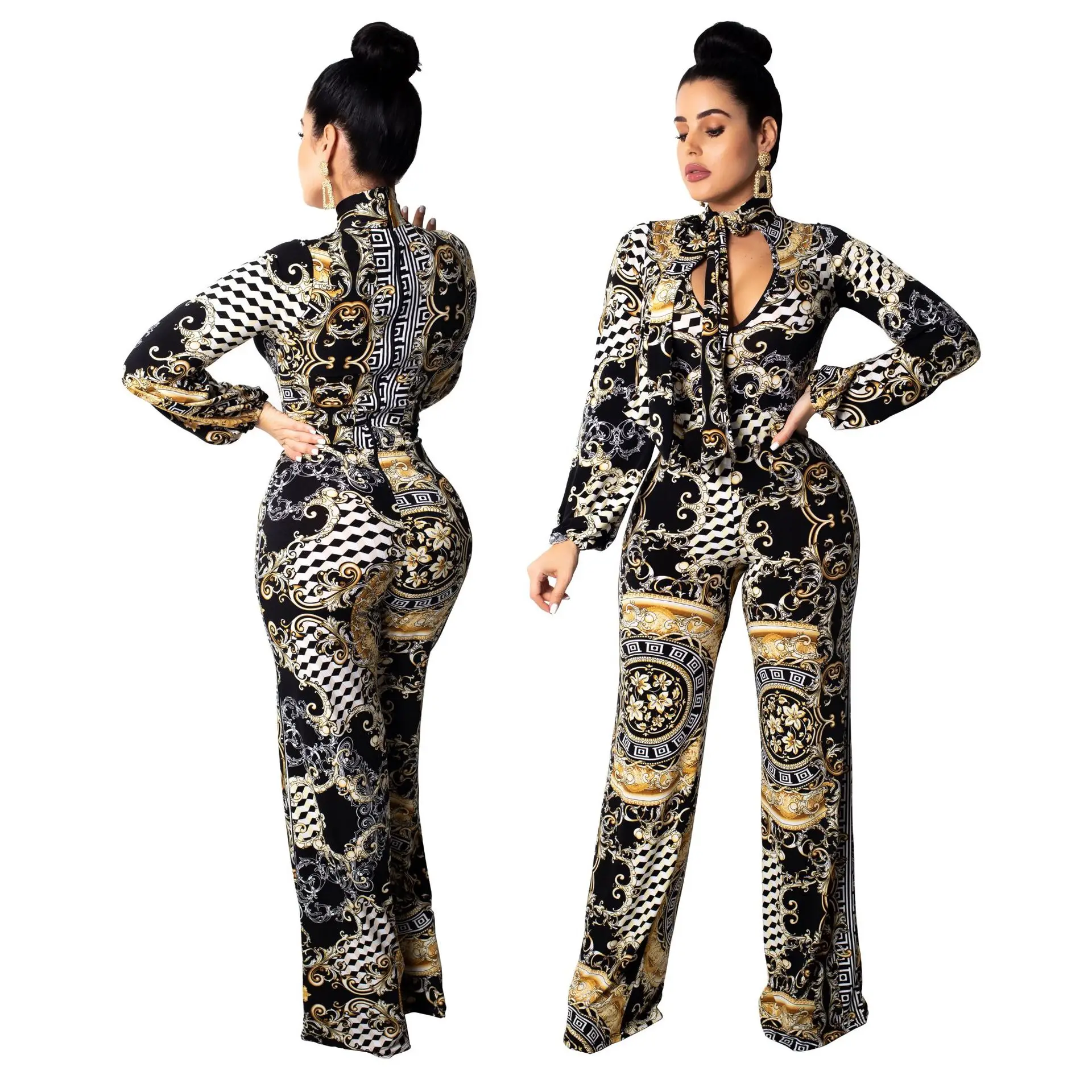 

2019 European and American women's fashion digital print jumpsuits