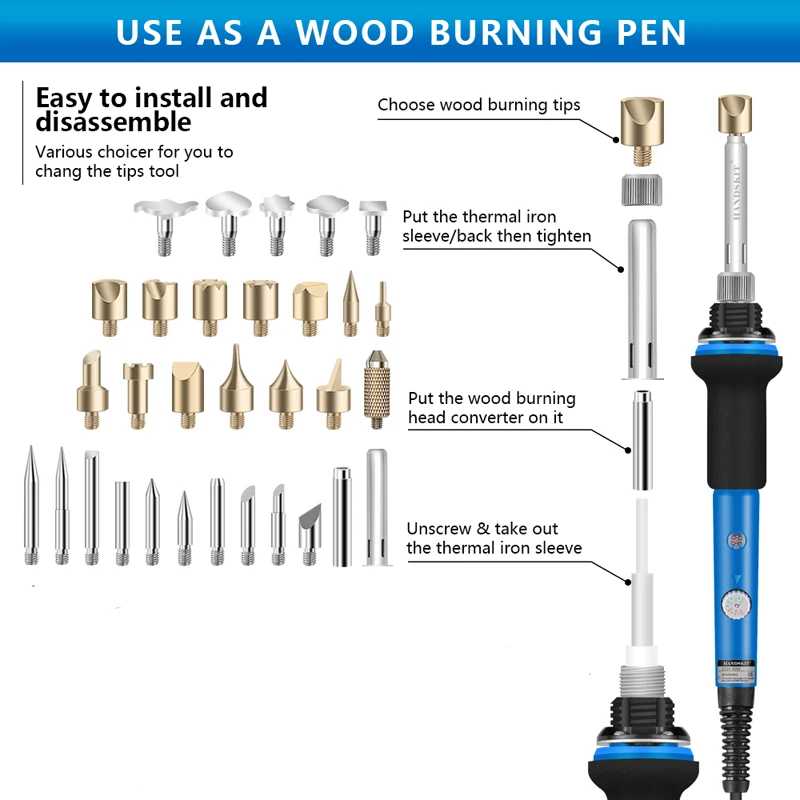 40 шт. 60 Вт регулируемый паяльник дровяной точеные наконечники лезвие-Пинцет инструмент для пирографии паяльная ручка комплект с сумкой для переноски