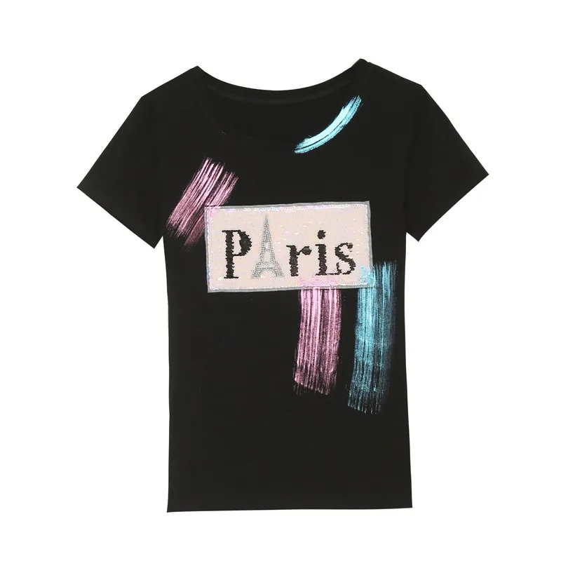 

European station short-sleeved black tshirt graffiti hot stamping t-shirt female 2019 fashion summer cotton sequins top 19202