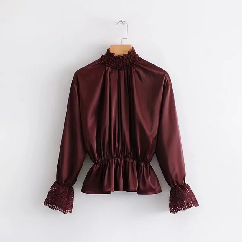 

High Quality Blusas Mujer De Moda 2018 Autumn Tops Women Lace Blouses Vintage Shirts Winter Ladies Satin Blouse Silk ZA W022