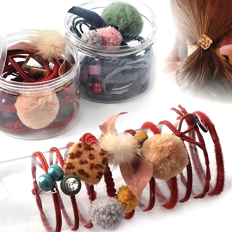 

10Pcs/Box New Leopard Print Hair Bands Bow Gum for Hair Big Fur Ball High Elastic Headband Rope for Women Girls Hair Accessories