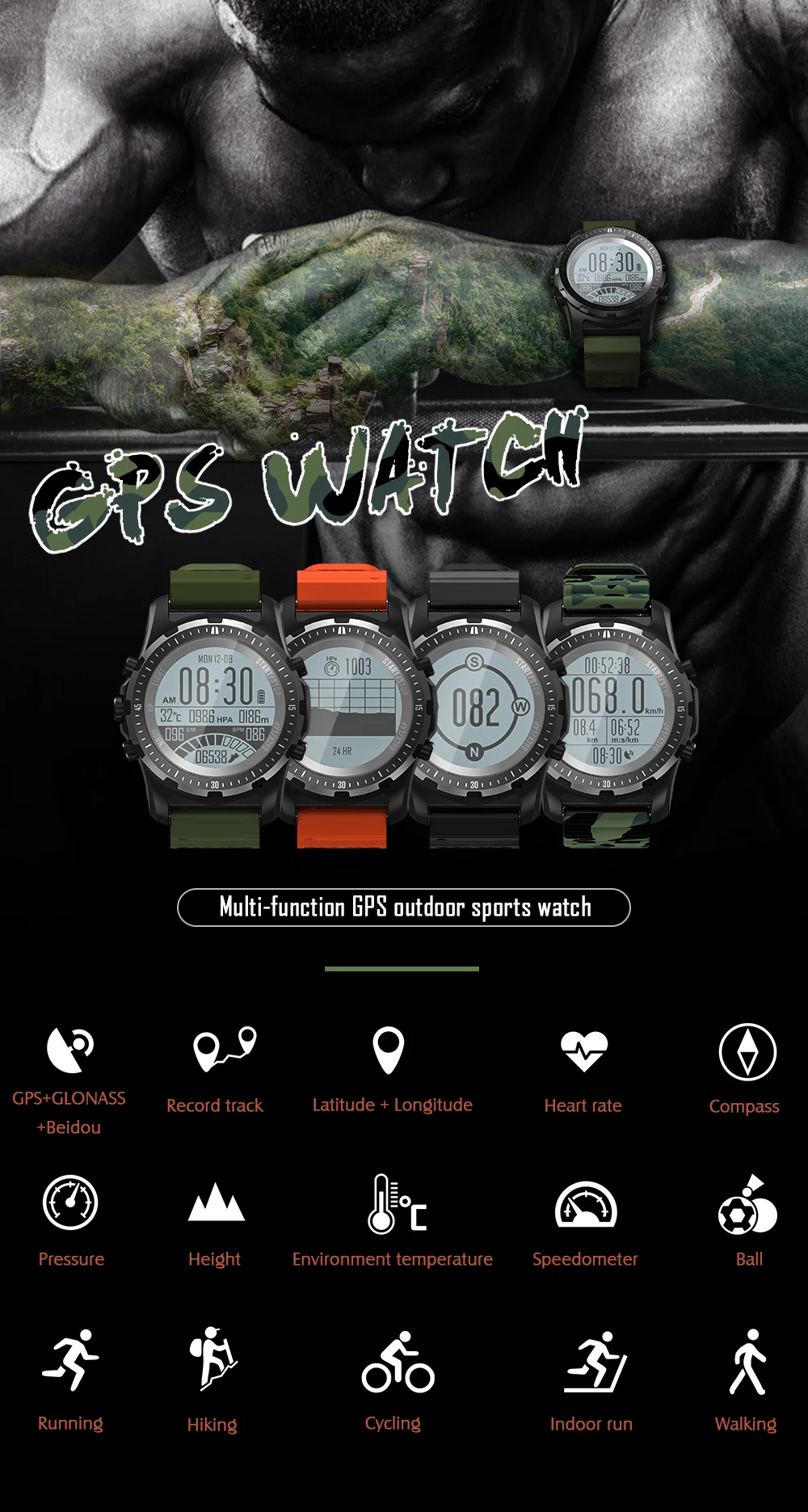 GPS смарт-браслет Мужчины S966 монитор сердечного ритма мульти-спорт smartWatch фитнес трекер поддержка давление воздуха над уровнем моря