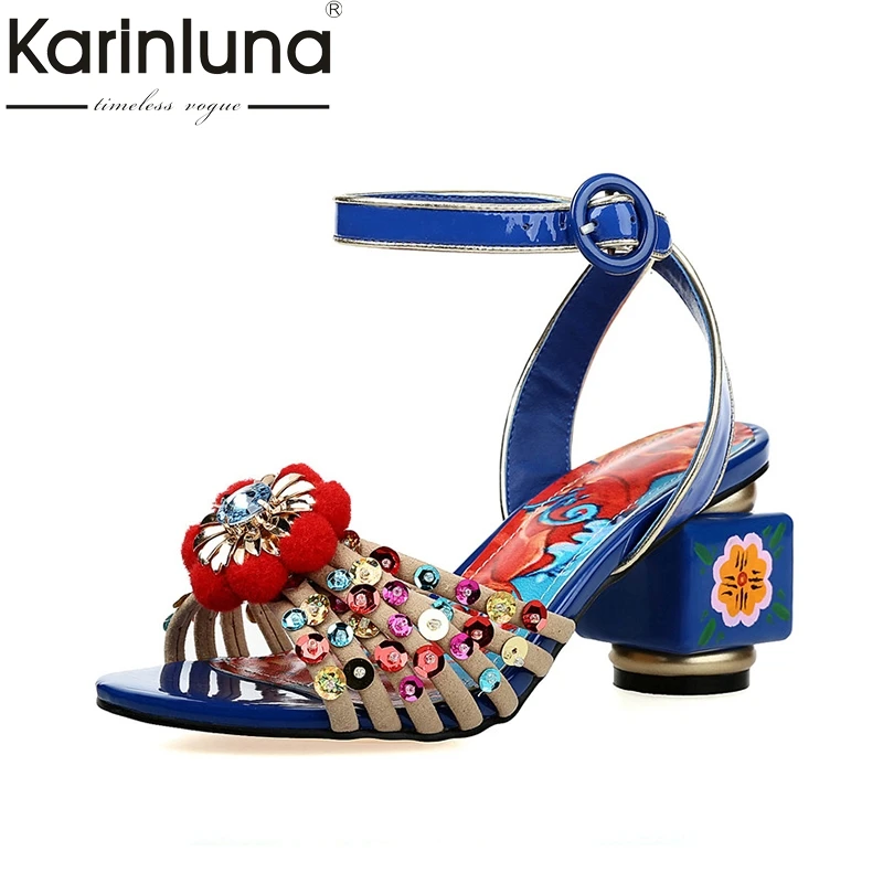 

KarinLuna 2018 Summer Brand Ethnic Genuine Leather Women Sandals High Strange Heels Beautiful Print Shoes Woman Big Size 34-40