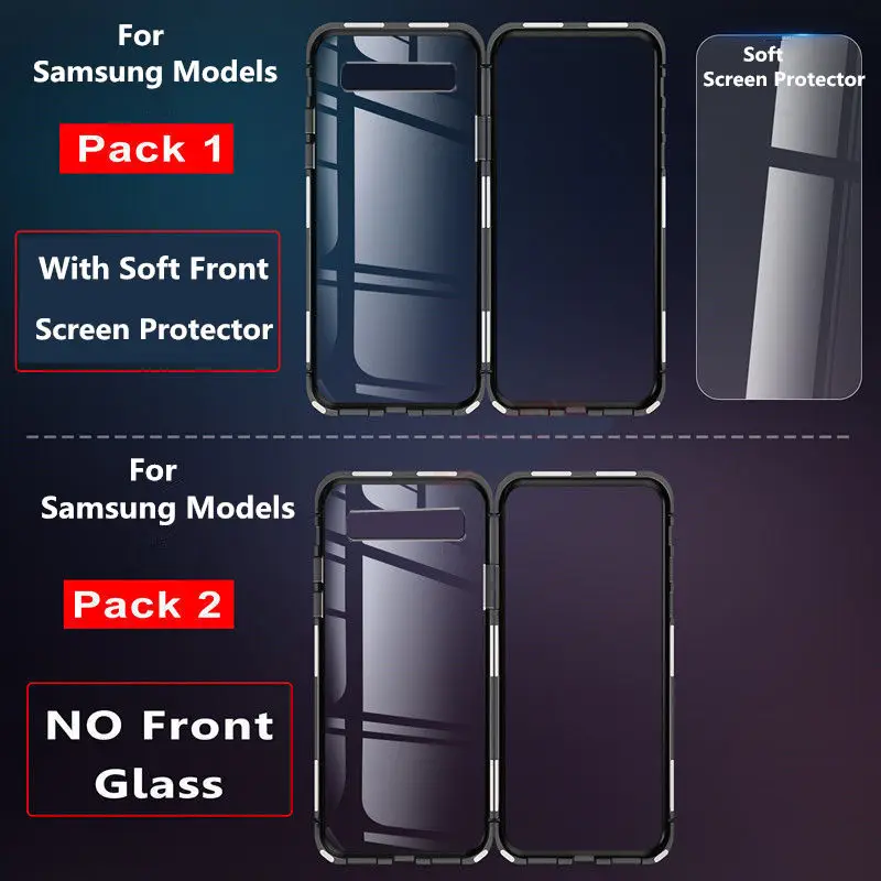 Metal Magnetic Case for iPhone X 7 8 XS MAX XR 6 Metal Bumper+ Back Tempered Glass Cover for Samsung S10 Plus S9 S8 Note 9 8