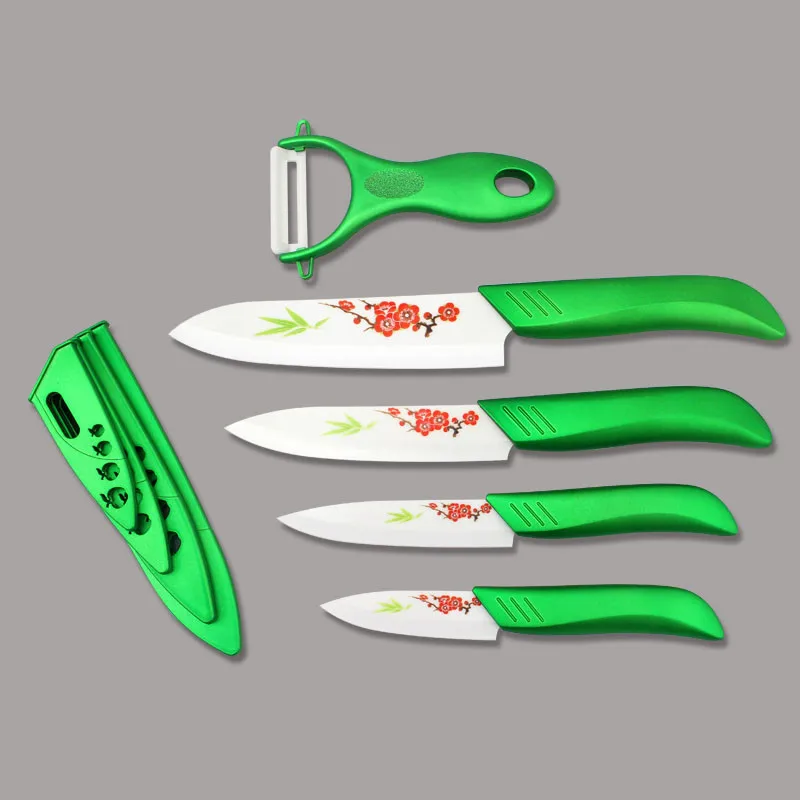 D034 красивые подарки Zirconia green light кухонный керамический набор ножей для фруктов " 4" " 6" дюймов с цветочной росписью+ Овощечистка+ Чехлы