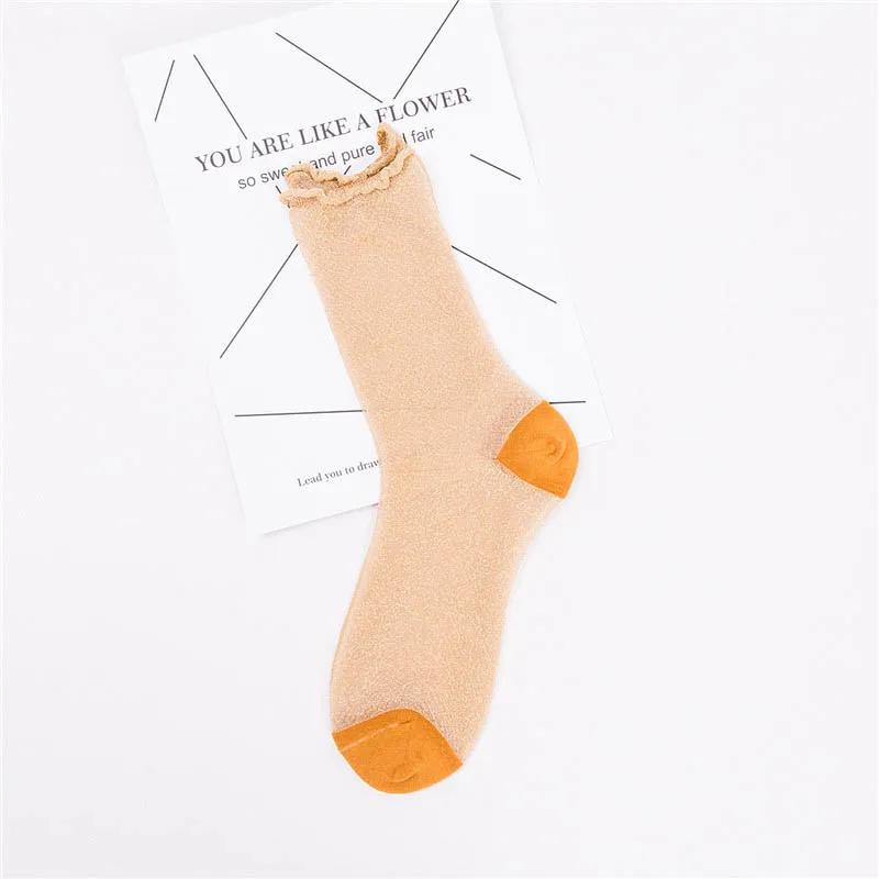 [EIOISAPRA] шелковые ультратонкие прозрачные носки золотого и серебряного цвета блестящие носки с кружевной каймой пикантные носки в японском стиле Харадзюку женские Calcetines Mujer